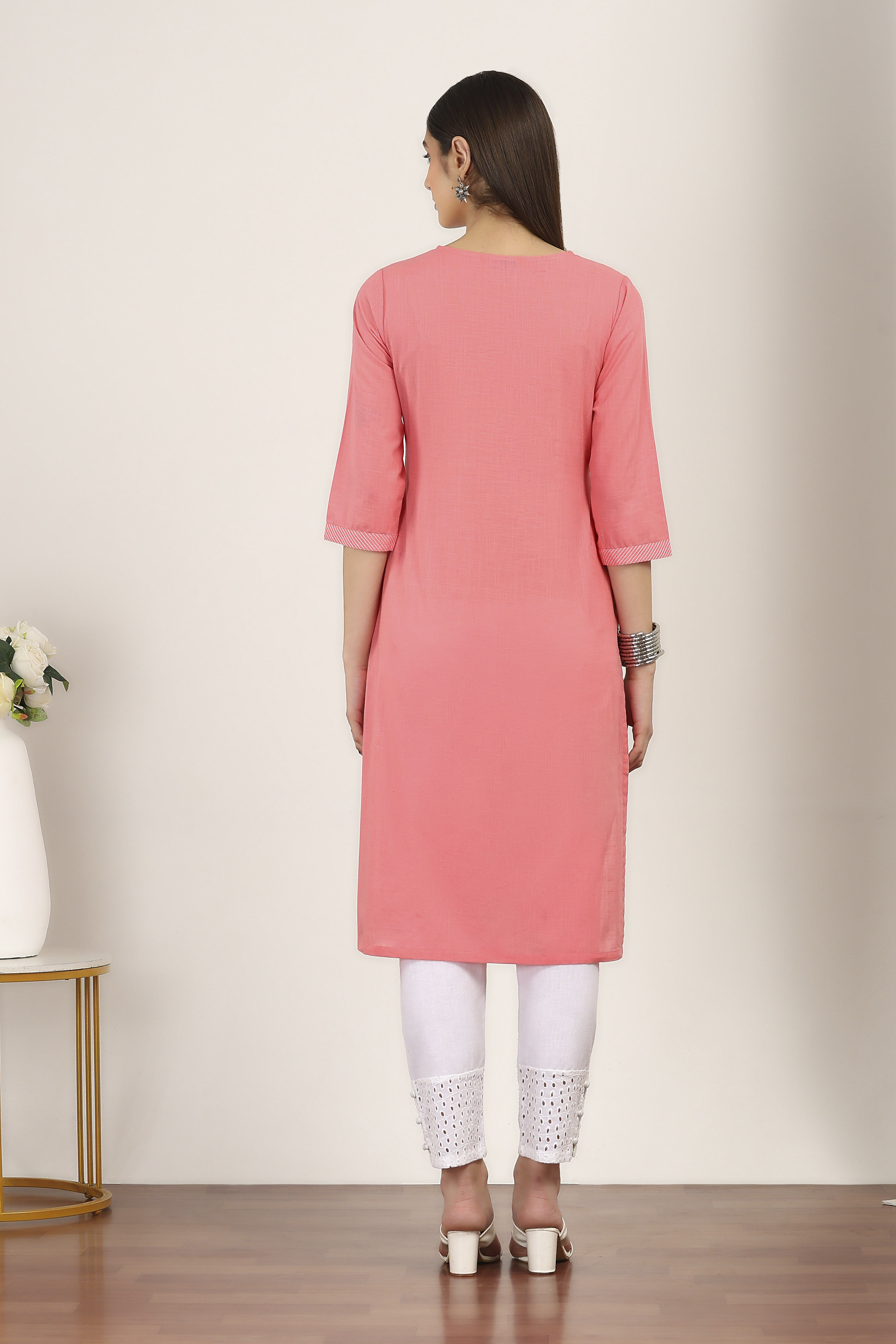 Coral Cotton Straight Kurtas image number 3