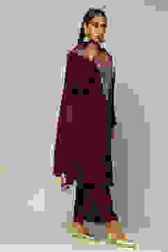 Wine Poly Velvet Straight Solid Kurta Palazzo Suit Set image number 5