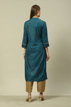 Teal Blue Viscose Straight Printed Kurta image number 3