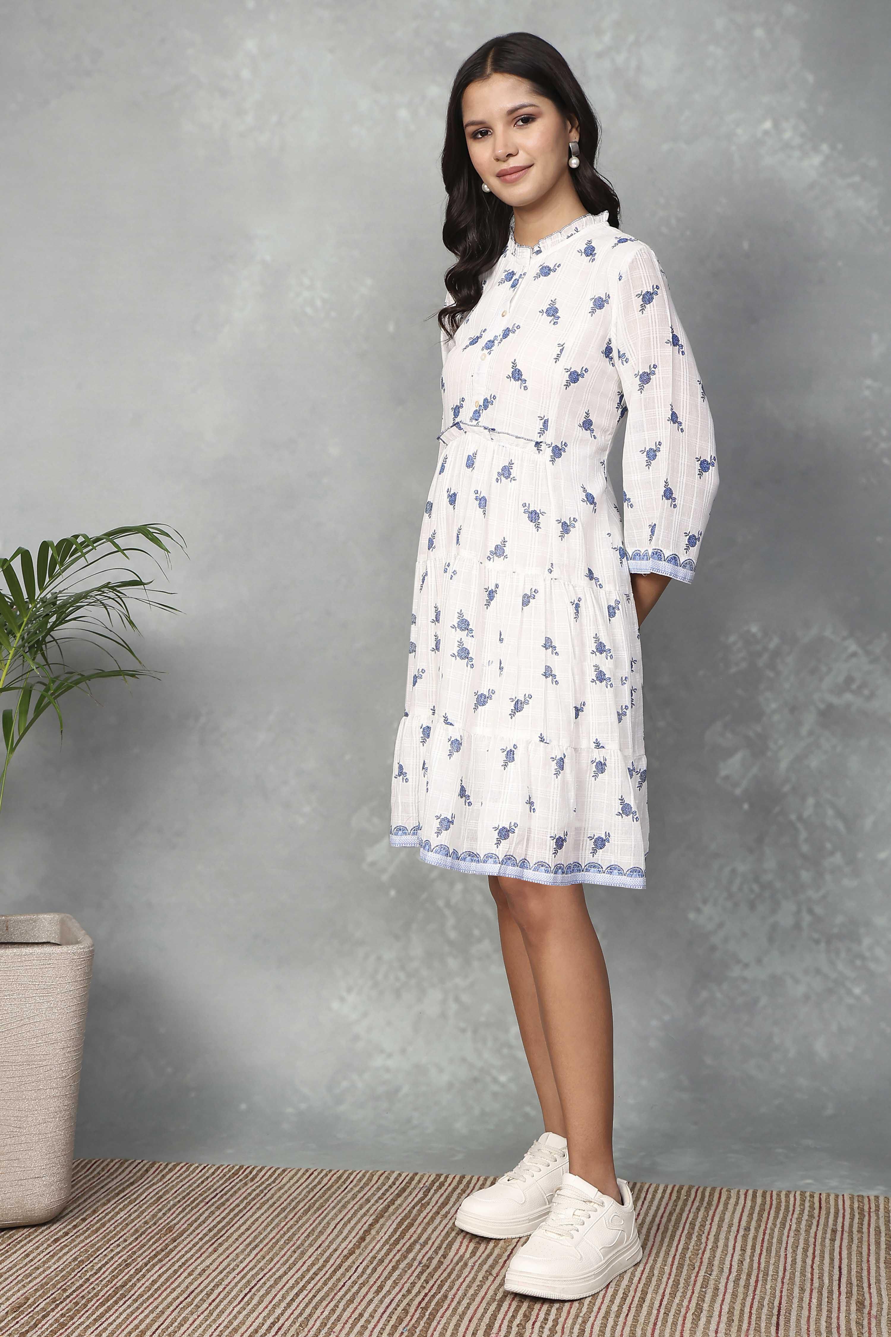 White Cotton Printed Tiered Dress image number 2
