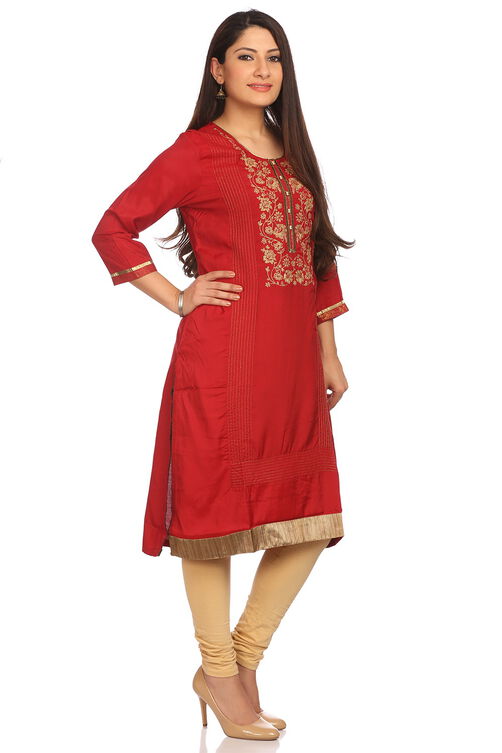 Red Cotton Straight Kurta image number 1