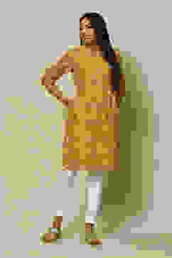 Mustard LIVA Straight Printed Kurta image number 0
