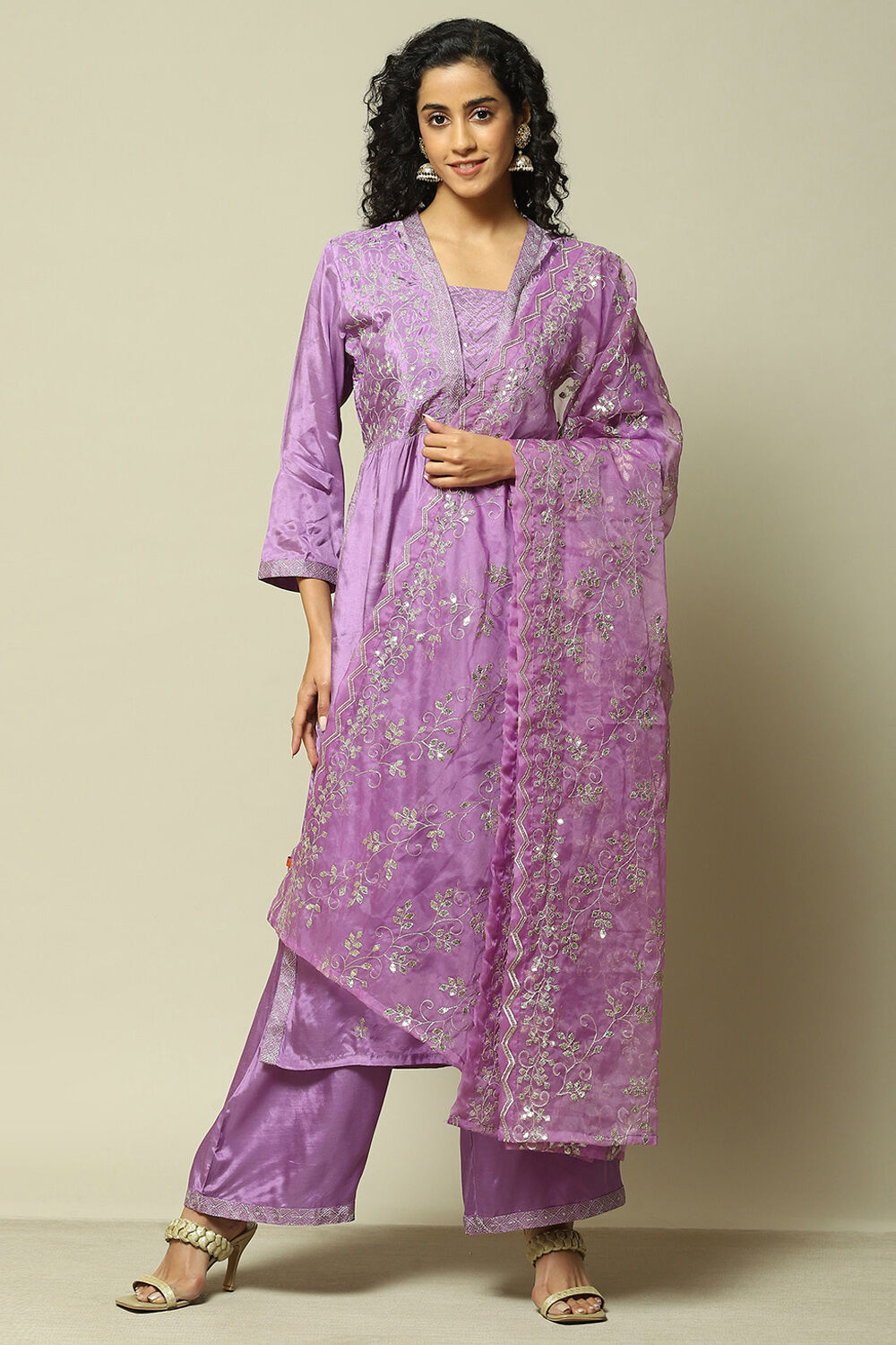 Rust Viscose Gathered Embroidered Kurta Palazzo Suit Set image number 7