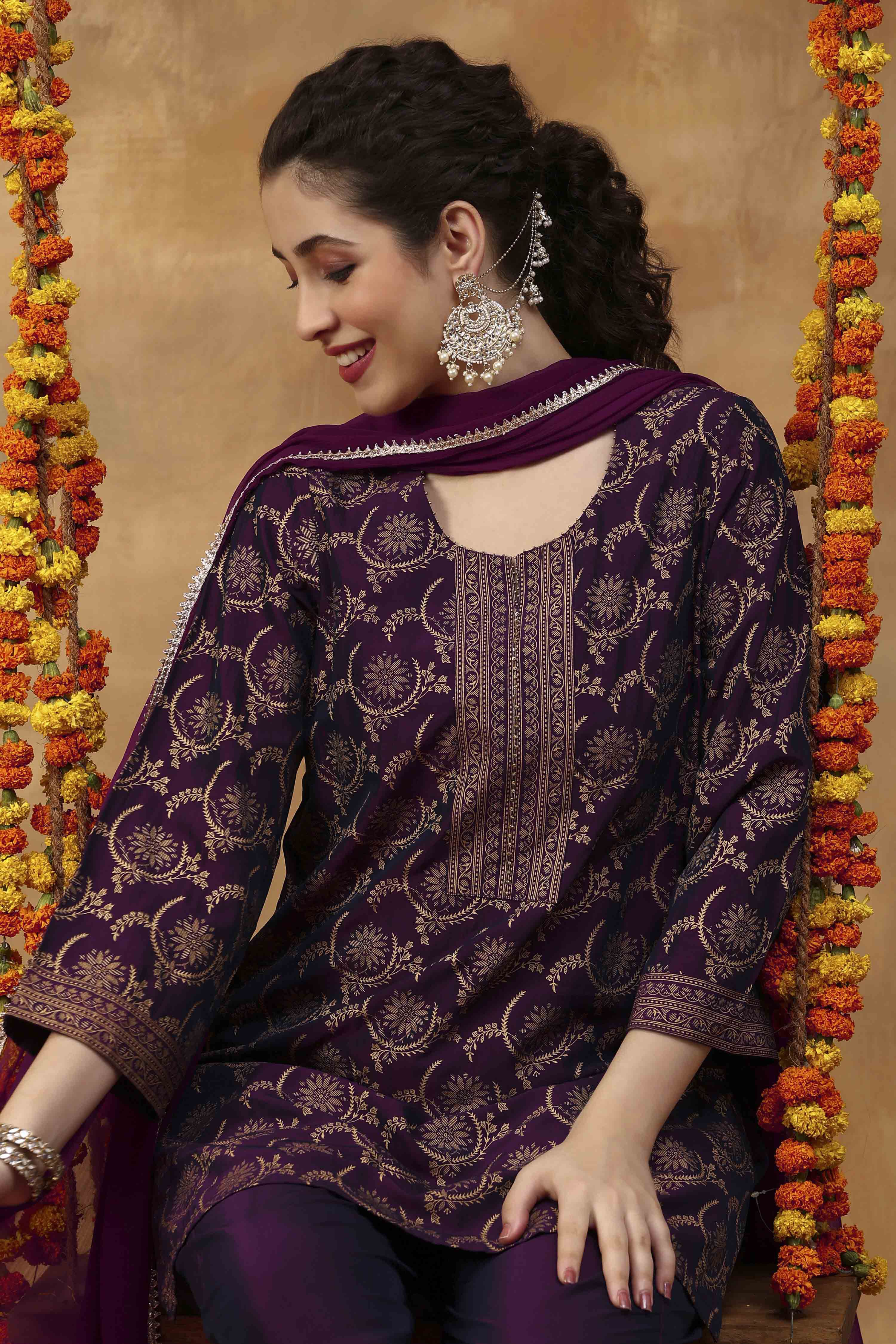 Purple Printed Poly Viscose Straight Kurta Set image number 0