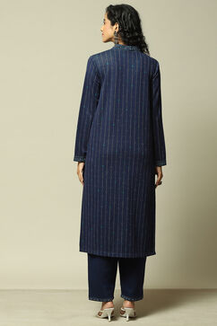 Navy Cotton Blend Straight Printed Kurta Palazzo Suit Set image number 4