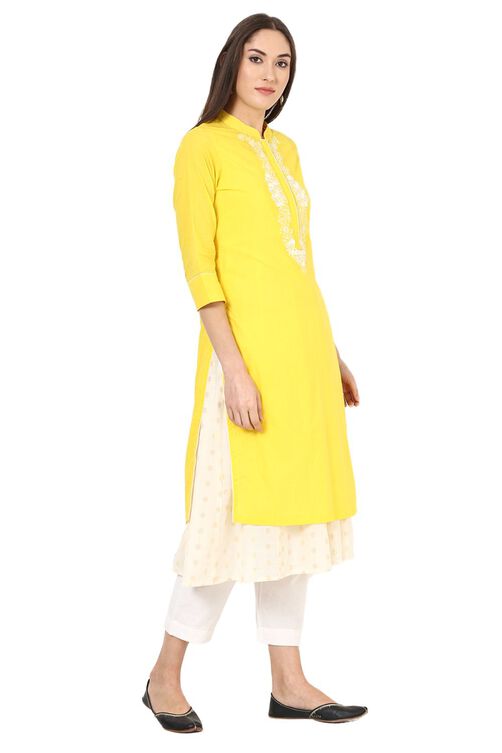 Yellow Flared Cotton Kurta image number 3