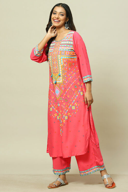 Pink Cotton Blend Woven Straight Kurta Suit Set image number 0