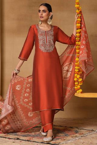 Rangriti Viscose Blend Solid Straight Festive Kurta With Salwar And Dupatta in Rust