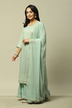 Sage Green Cotton Straight Printed Kurta Sharara Suit Set image number 4