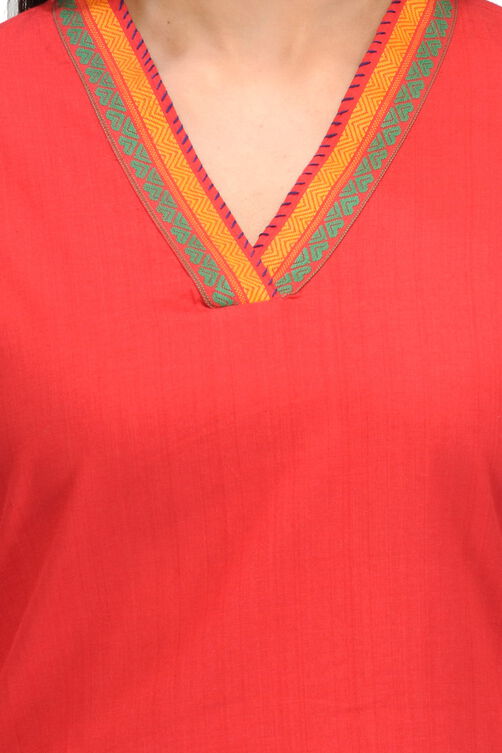 Red Cotton Straight Kurta image number 4