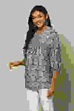 Grey & Blue Cotton Tiered Printed Top image number 2