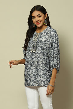 Grey & Blue Cotton Tiered Printed Top image number 2