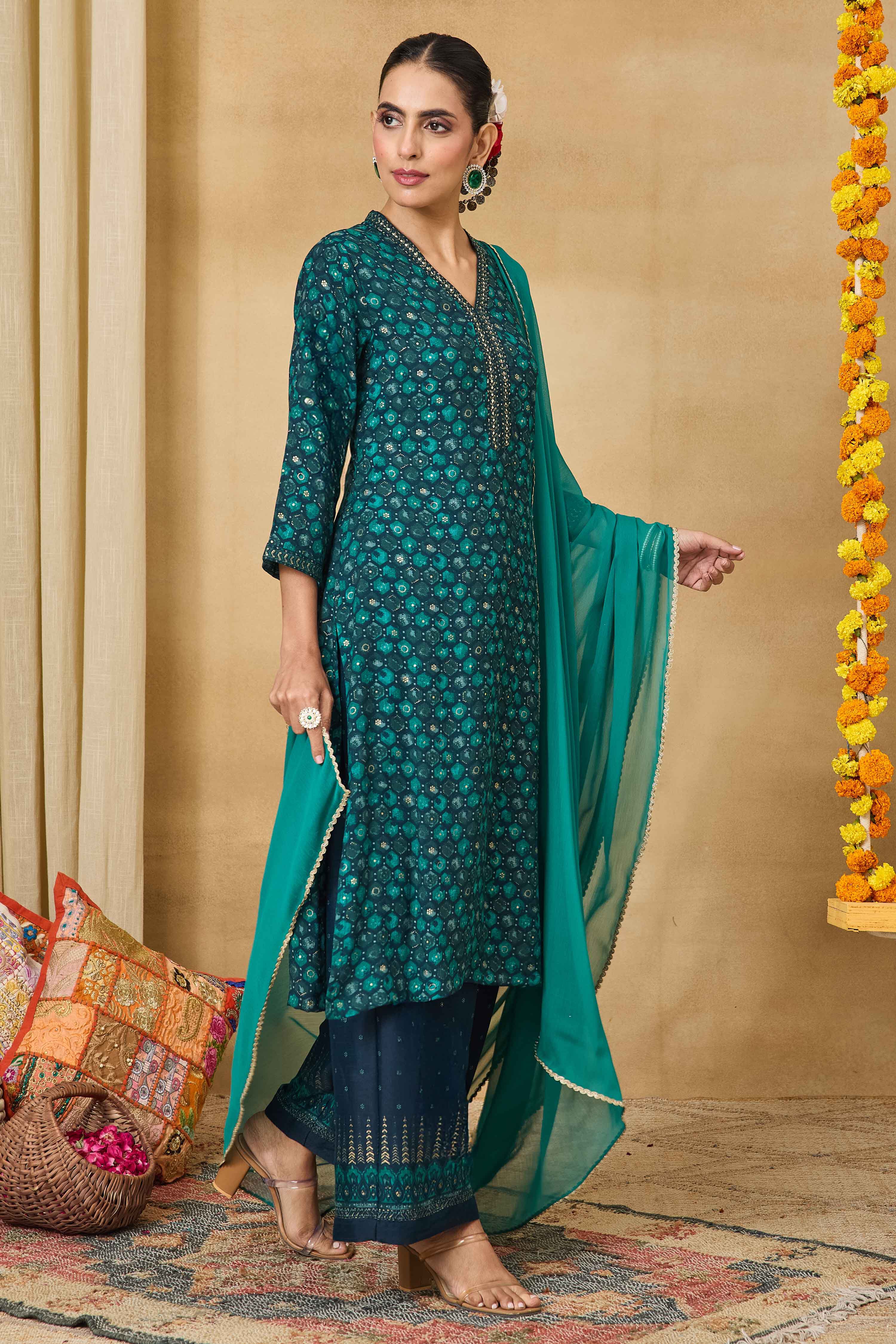 Teal Viscose Blend Straight Printed Suit Set image number 4