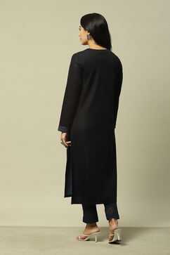 Black Cotton Blend Yarndyed Kurta image number 3