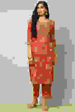 Red Cotton Lurex Floral Printed Straight Suit Set image number 6