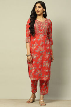 Red Cotton Lurex Floral Printed Straight Suit Set image number 6