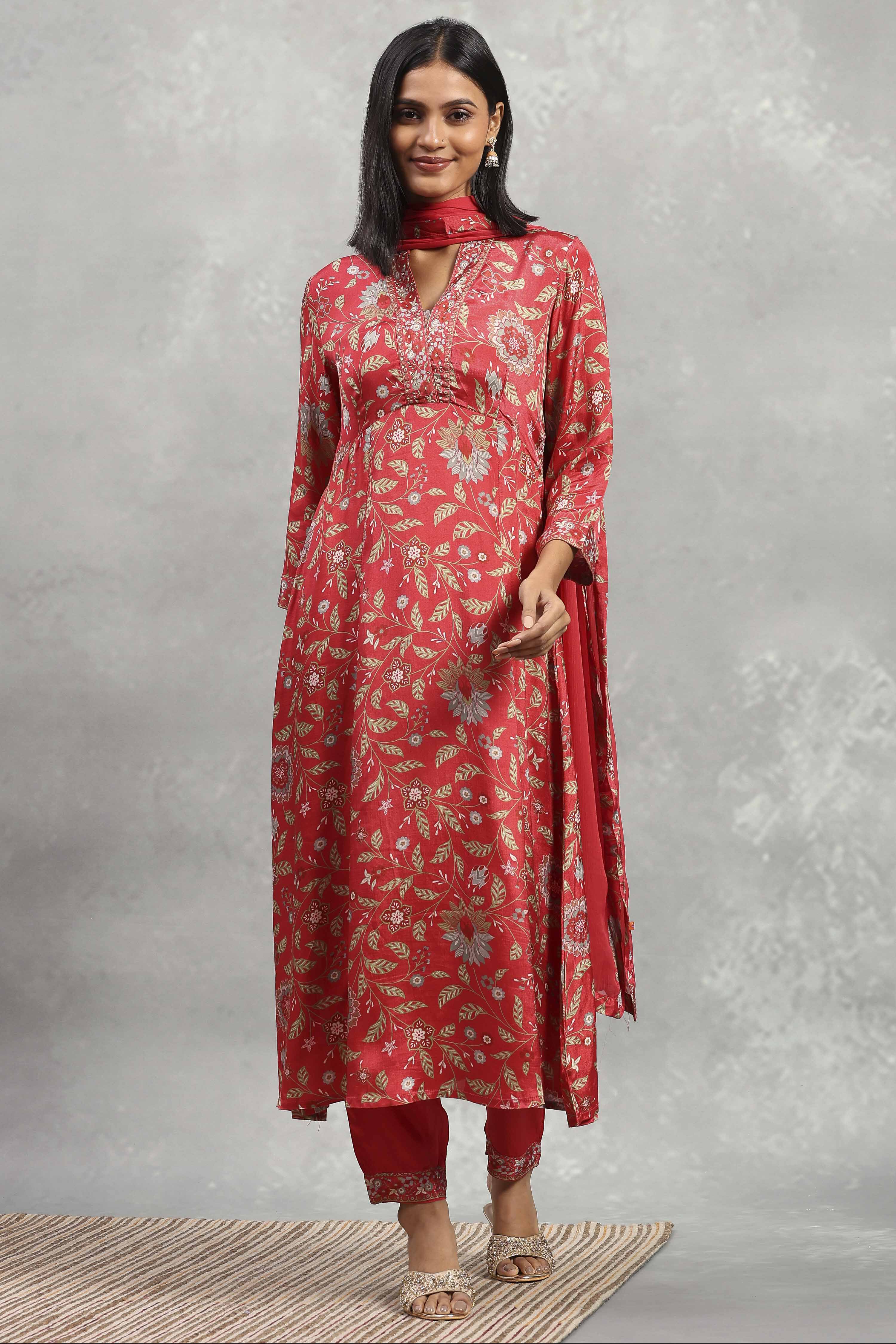 Red Viscose Rayon Printed Kalidar Suit Set image number 0