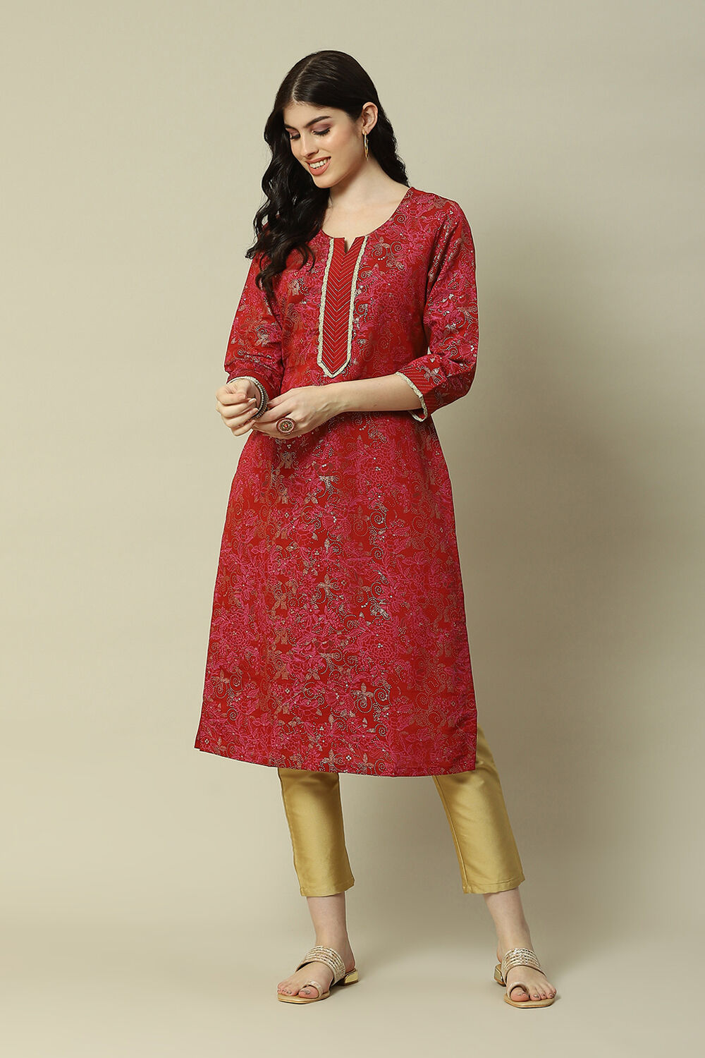 Red LIVA Straight Printed Kurta image number 5