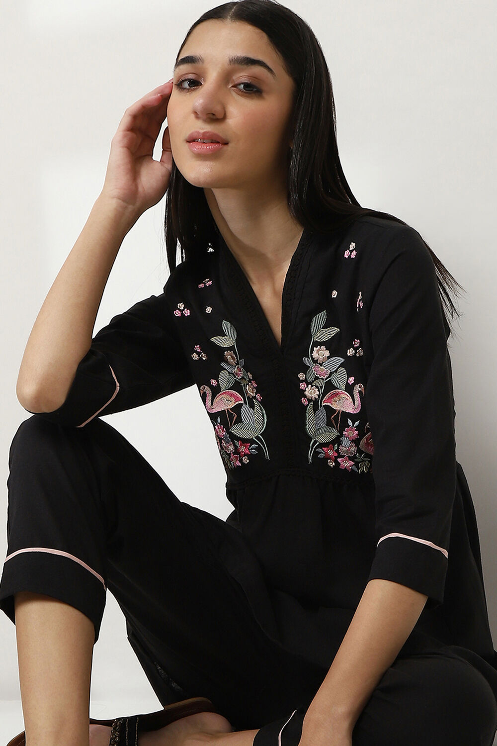 Black Cotton Gathered Kurta Set image number 7