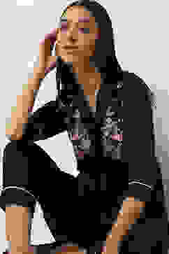 Black Cotton Gathered Kurta Set image number 7