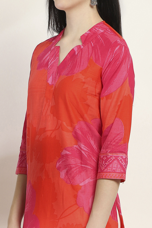 Orange Cotton Floral Straight Kurta image number 1