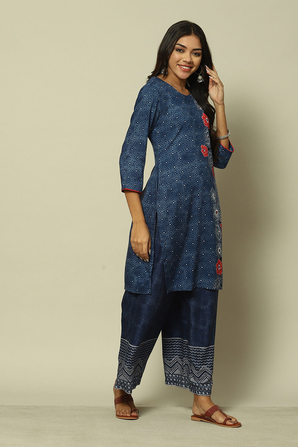 Indigo Blue LIVA Straight Printed Kurta image number 3