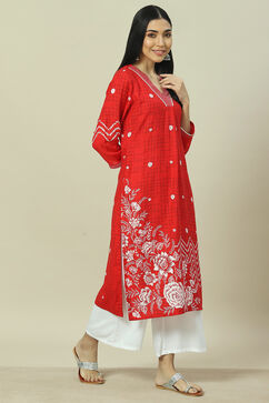 Red LIVA Straight Kurta image number 3