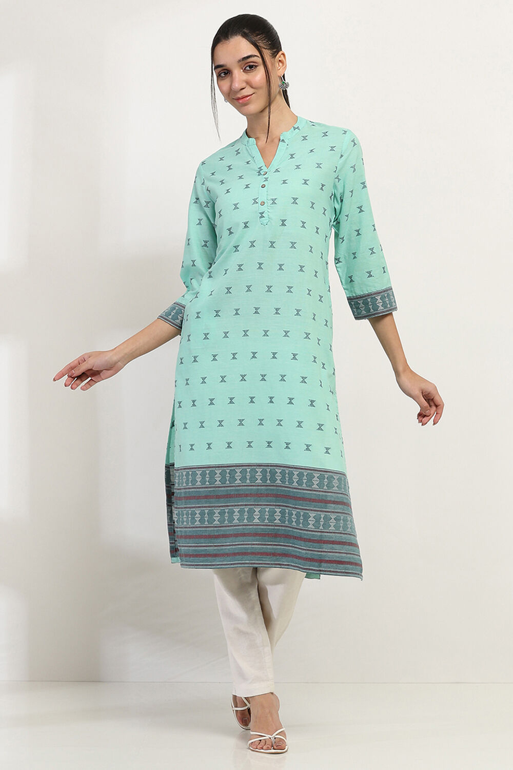 Green Cotton Printed Straight Kurta image number 5