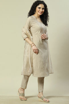 Beige Viscose Woven Straight Kurta Suit Set image number 6