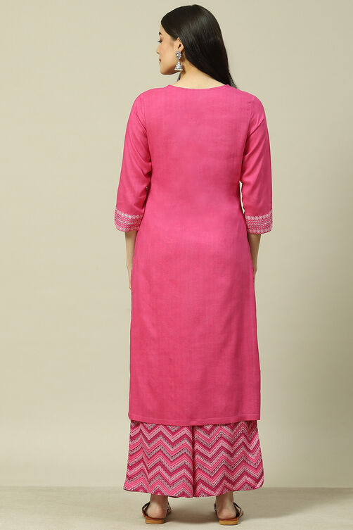 Pink Viscose Woven Straight Kurta Suit Set image number 4