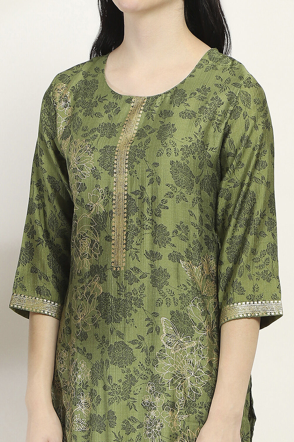 Green Floral Straight Suit Set image number 1