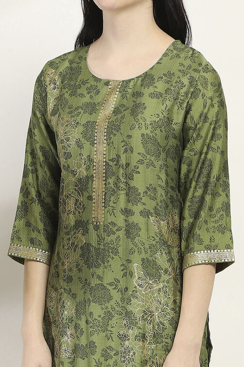 Green Floral Straight Suit Set image number 1