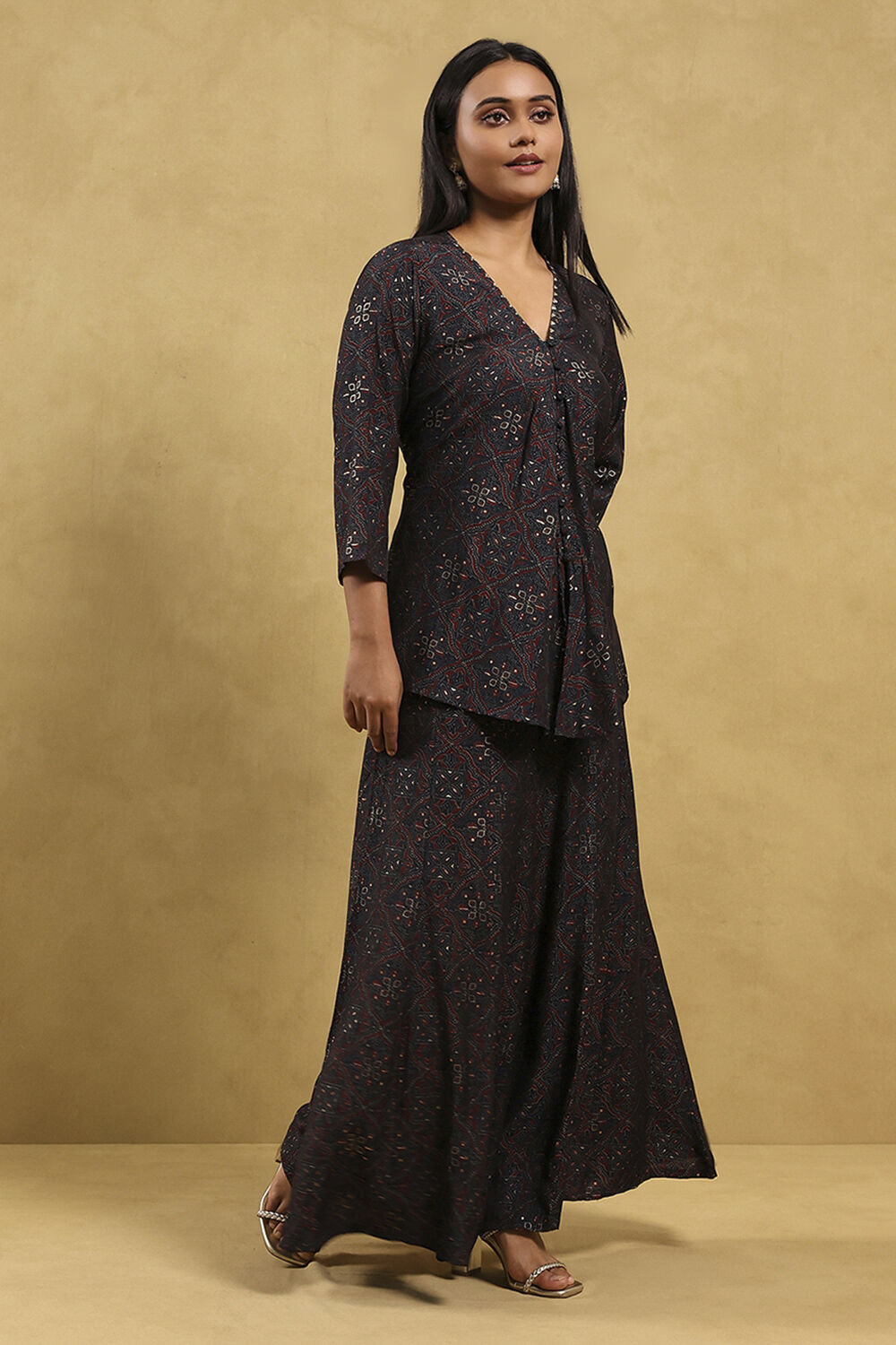 Blue Viscose Blend Printed Front Open Kurta Palazzo Set image number 5