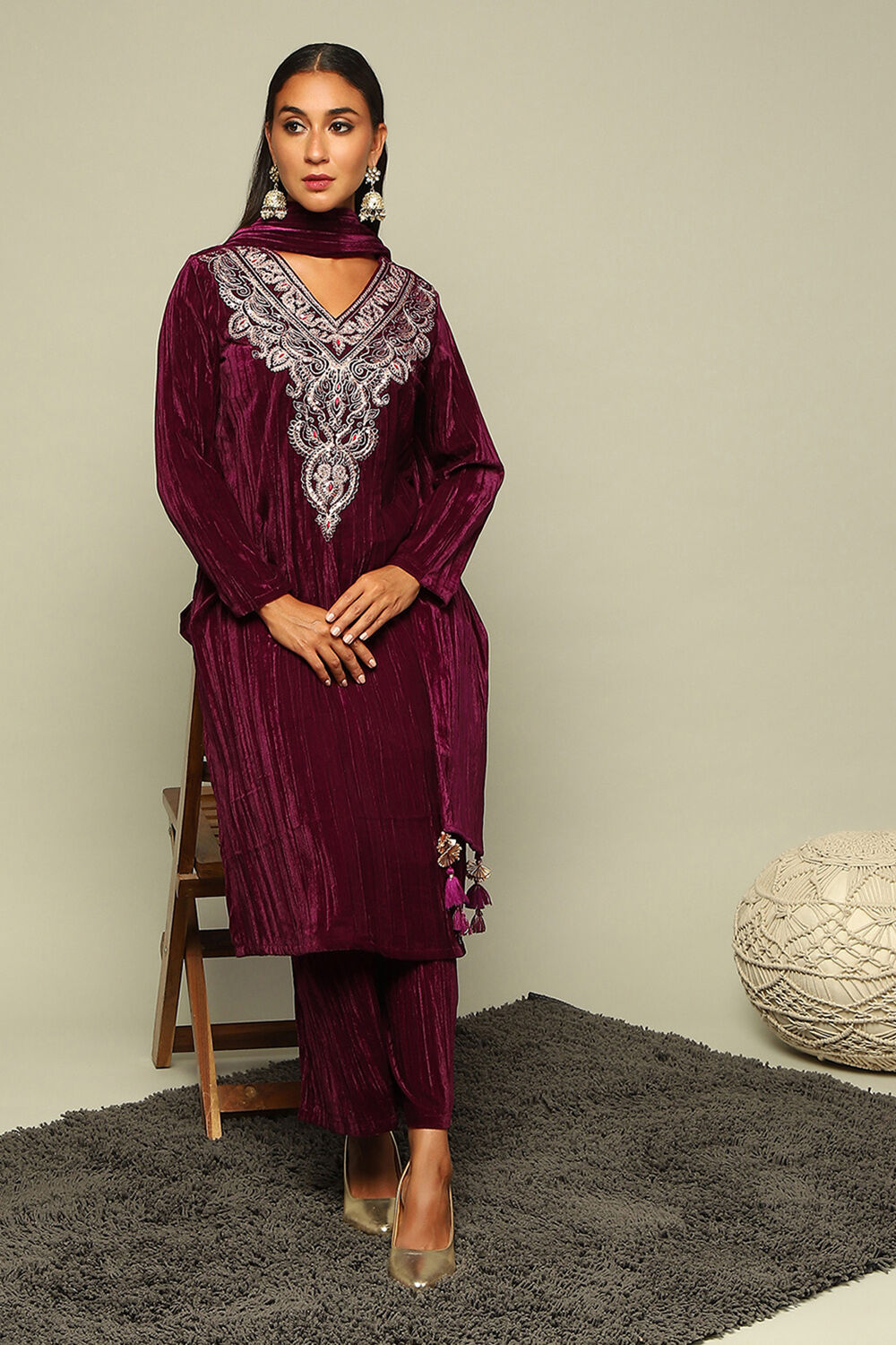 Wine Poly Velvet Straight Solid Kurta Palazzo Suit Set image number 0