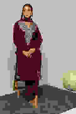 Wine Poly Velvet Straight Solid Kurta Palazzo Suit Set image number 0