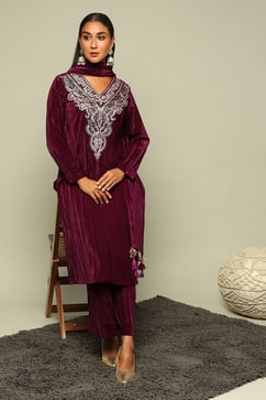 Wine Poly Velvet Straight Solid Kurta Palazzo Suit Set image number 0