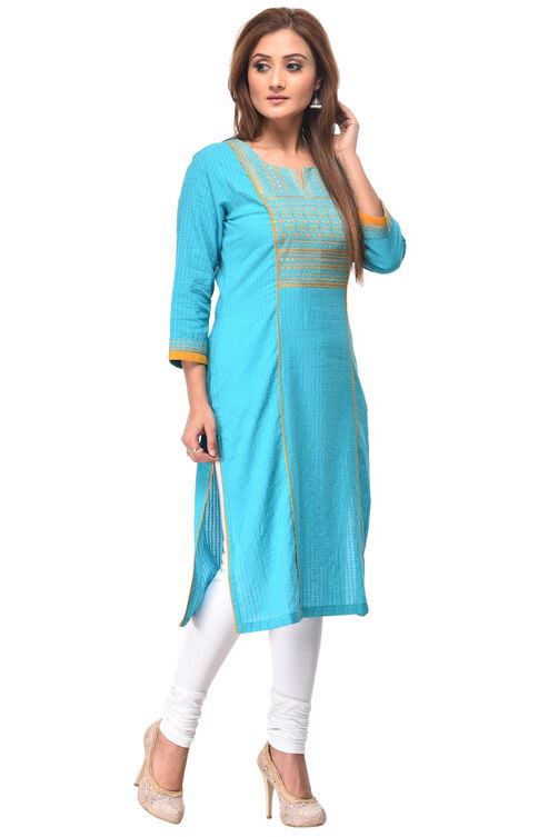 Turquoise Straight Cotton Kurta image number 2