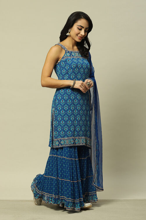 Blue Polyester Straight Printed Kurta Sharara Suit Set image number 6