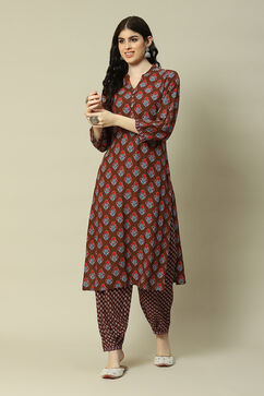 Brown LIVA Straight Printed Kurta Palazzo Suit Set image number 0