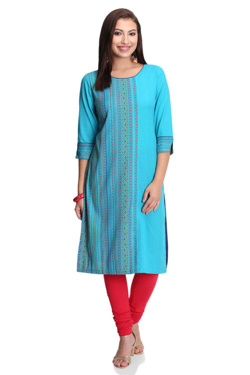 Turquoise Straight Cotton Kurta image number 0