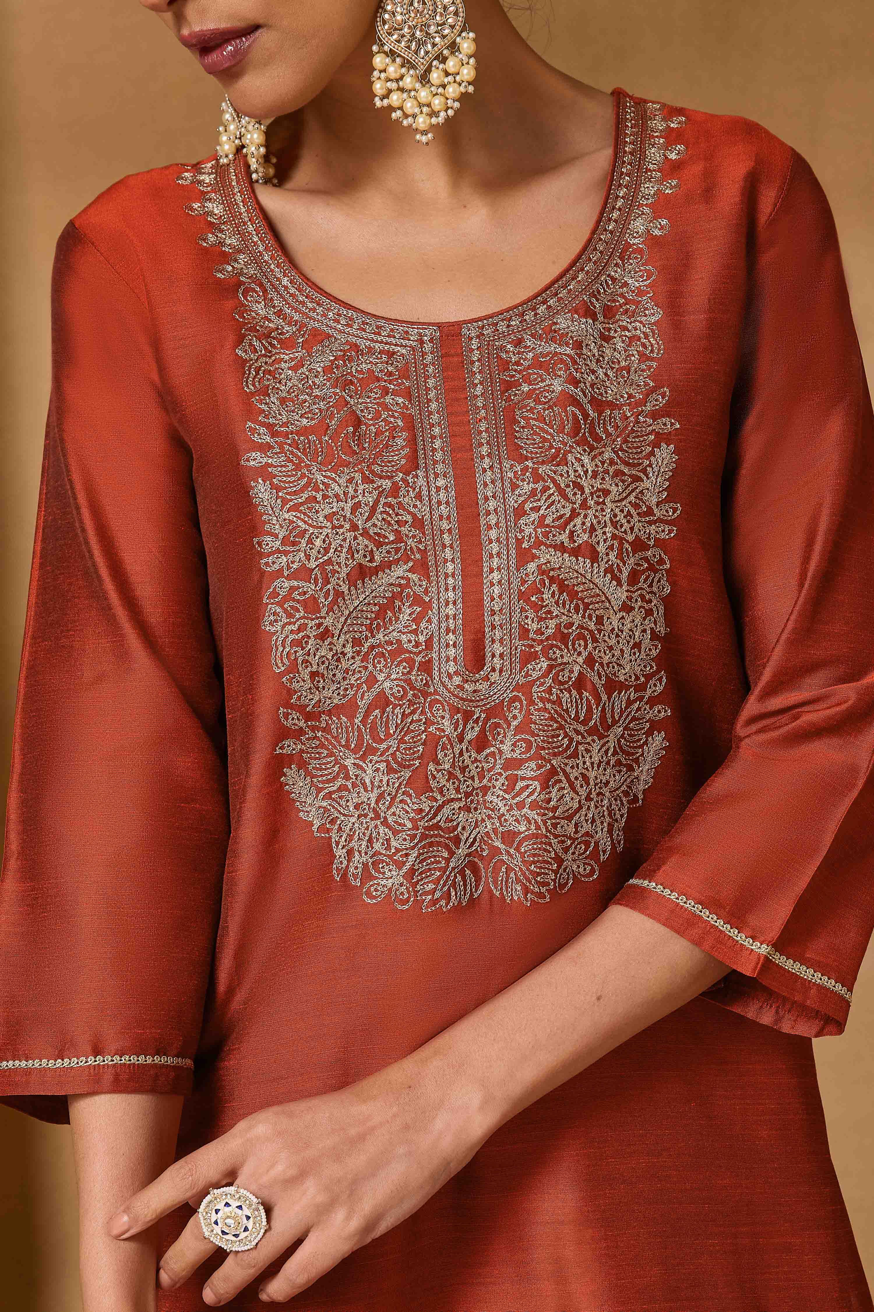Rust Viscose Blend Straight Solid Suit Set image number 1