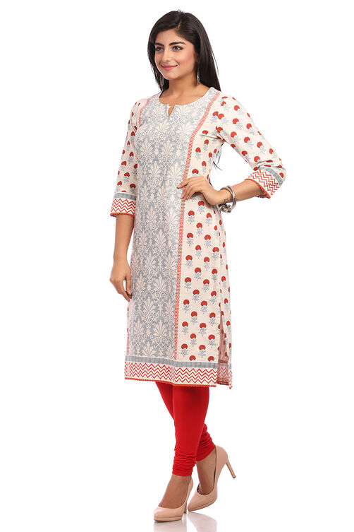 Beige Straight Cotton Kurta image number 3