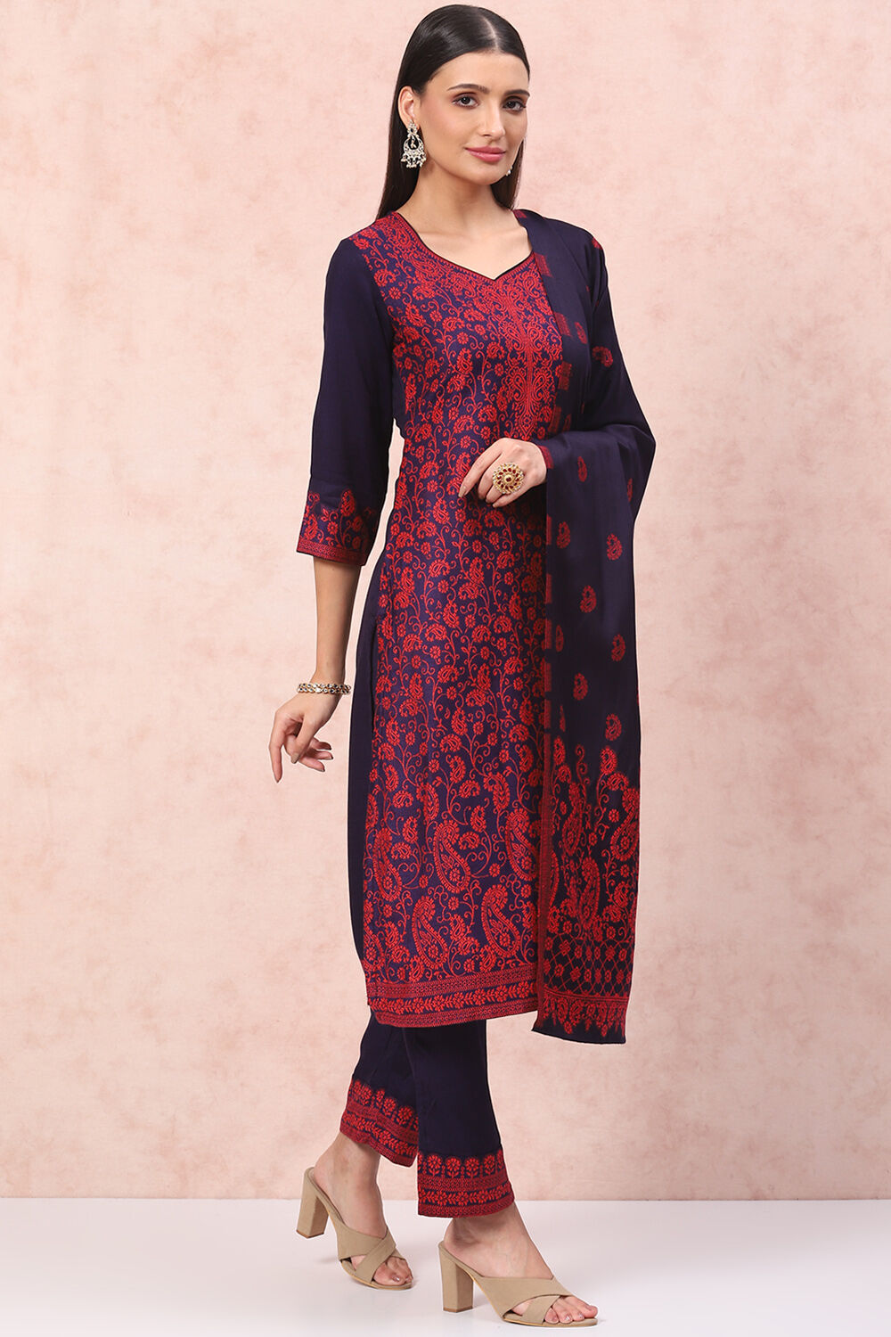 Navy Blue Art Silk Straight Suit Set image number 6