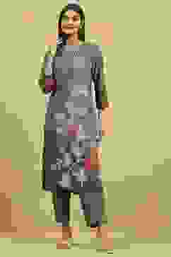 Grey Viscose Rayon Printed Straight Kurta Pants Set image number 6