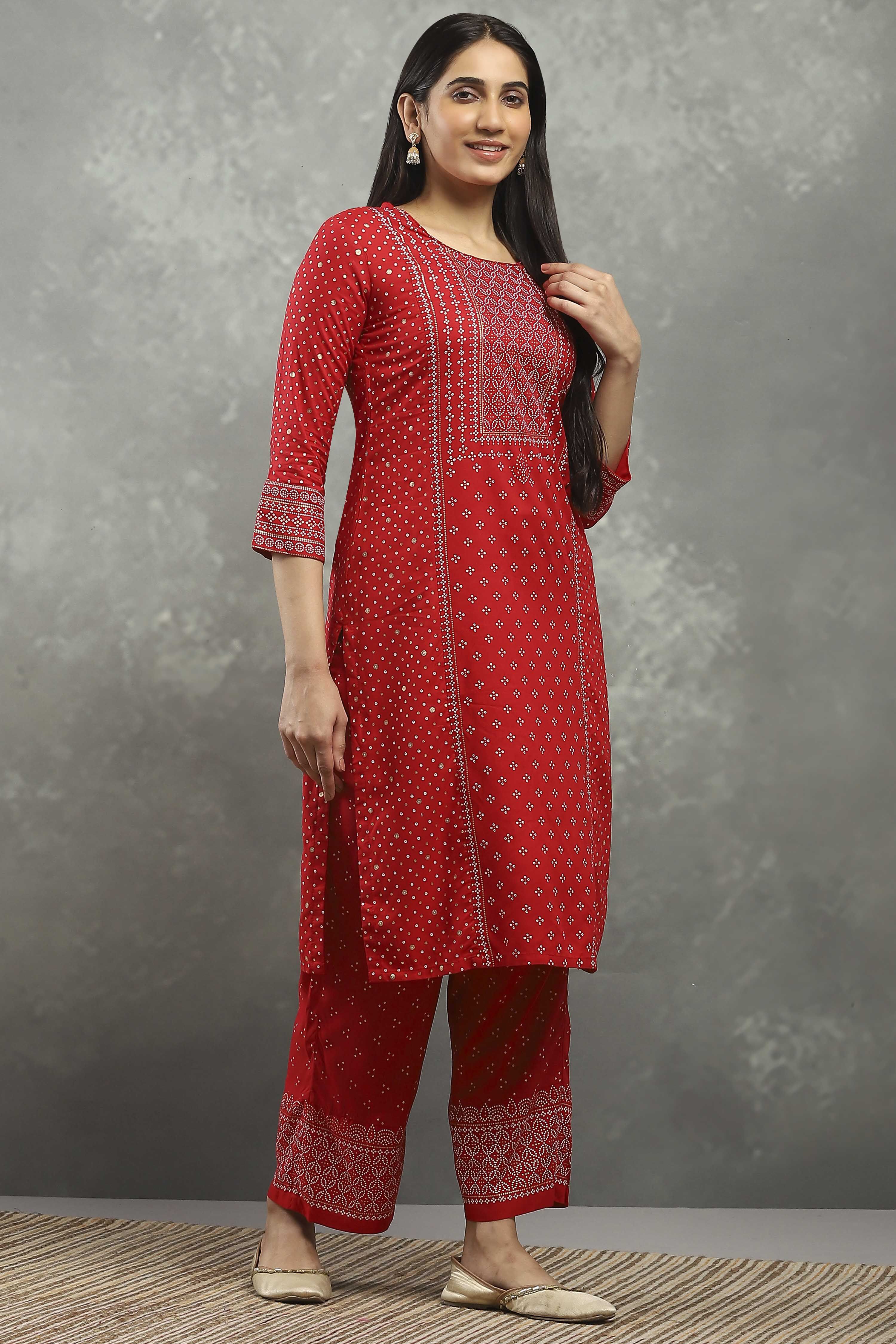 Red Viscose Flared Kurta Pants Set image number 5