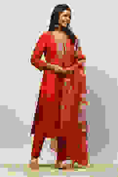 Rust Red Yarn Dyed Straight Festive Suit Set image number 5