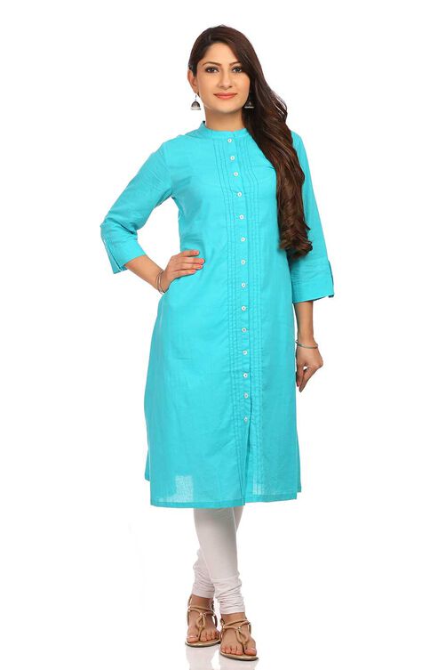 Turquoise Straight Cotton Kurta image number 0
