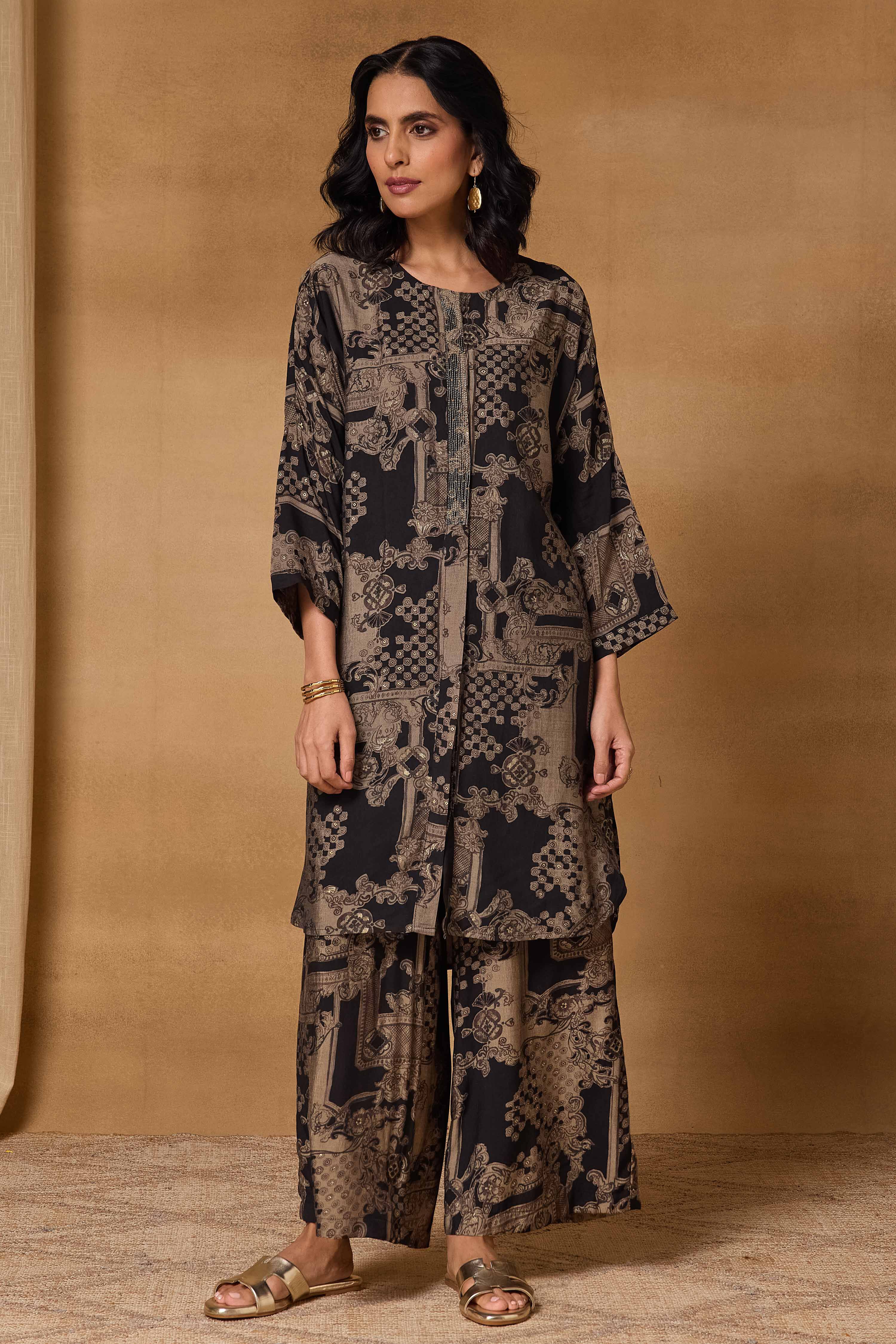 Black Viscose Blend Straight Printed Kurta Pants Set image number 7