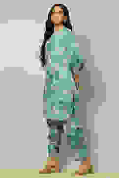 Aqua Blue Floral Printed Straight Co-ord Set image number 3