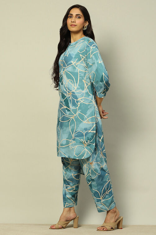 Aqua Blue Floral Printed Straight Co-ord Set image number 3